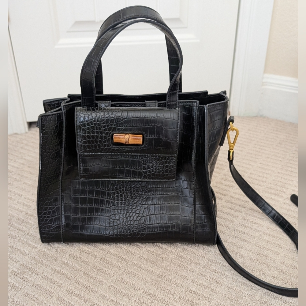 NWOT Fawn Medium Carryall Puse In Black Croc - Picture 2 of 8